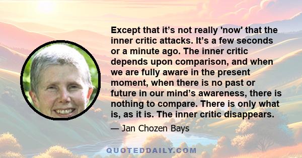 Except that it’s not really 'now' that the inner critic attacks. It’s a few seconds or a minute ago. The inner critic depends upon comparison, and when we are fully aware in the present moment, when there is no past or