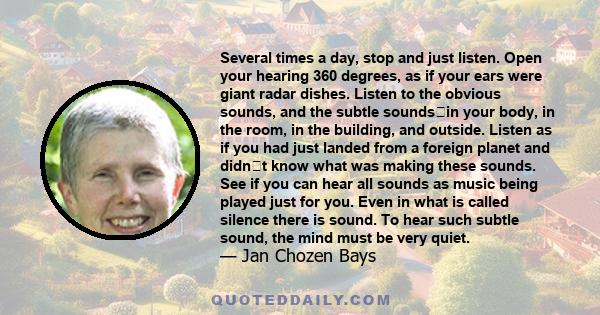 Several times a day, stop and just listen. Open your hearing 360 degrees, as if your ears were giant radar dishes. Listen to the obvious sounds, and the subtle soundsin your body, in the room, in the building, and