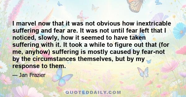 I marvel now that it was not obvious how inextricable suffering and fear are. It was not until fear left that I noticed, slowly, how it seemed to have taken suffering with it. It took a while to figure out that (for me, 