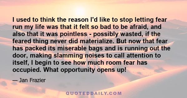 I used to think the reason I'd like to stop letting fear run my life was that it felt so bad to be afraid, and also that it was pointless - possibly wasted, if the feared thing never did materialize. But now that fear