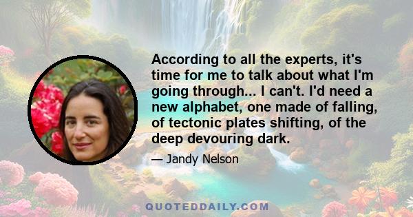 According to all the experts, it's time for me to talk about what I'm going through... I can't. I'd need a new alphabet, one made of falling, of tectonic plates shifting, of the deep devouring dark.