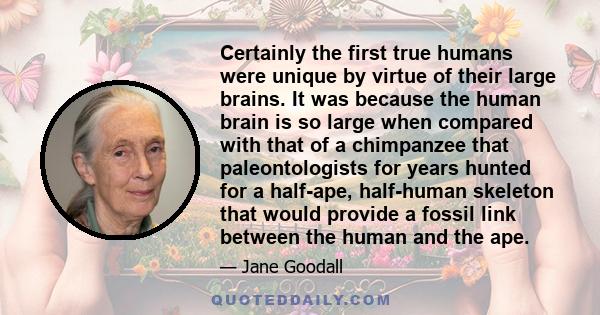 Certainly the first true humans were unique by virtue of their large brains. It was because the human brain is so large when compared with that of a chimpanzee that paleontologists for years hunted for a half-ape,