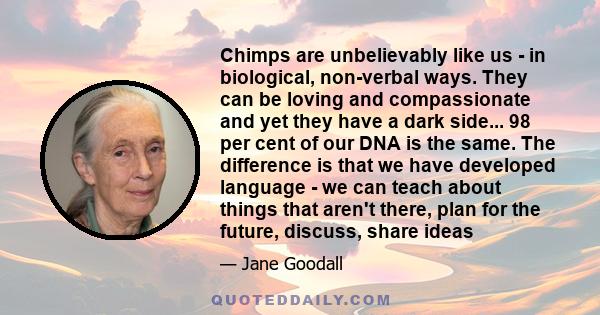 Chimps are unbelievably like us - in biological, non-verbal ways. They can be loving and compassionate and yet they have a dark side... 98 per cent of our DNA is the same. The difference is that we have developed