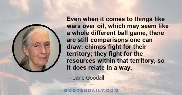 Even when it comes to things like wars over oil, which may seem like a whole different ball game, there are still comparisons one can draw: chimps fight for their territory; they fight for the resources within that