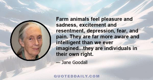 Farm animals feel pleasure and sadness, excitement and resentment, depression, fear, and pain. They are far more aware and intelligent than we ever imagined...they are individuals in their own right.