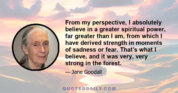 From my perspective, I absolutely believe in a greater spiritual power, far greater than I am, from which I have derived strength in moments of sadness or fear. That's what I believe, and it was very, very strong in the 