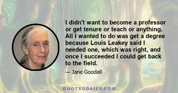 I didn't want to become a professor or get tenure or teach or anything. All I wanted to do was get a degree because Louis Leakey said I needed one, which was right, and once I succeeded I could get back to the field.