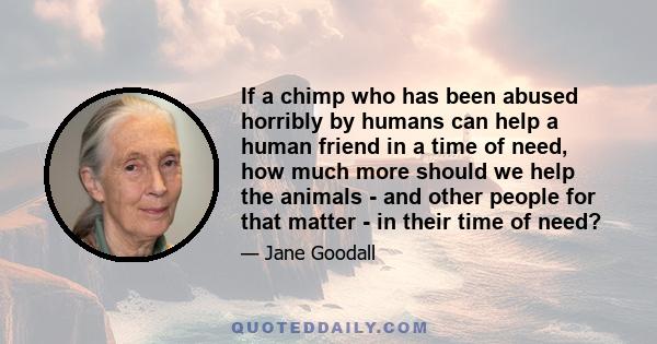 If a chimp who has been abused horribly by humans can help a human friend in a time of need, how much more should we help the animals - and other people for that matter - in their time of need?