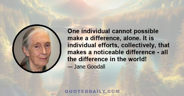 One individual cannot possible make a difference, alone. It is individual efforts, collectively, that makes a noticeable difference - all the difference in the world!