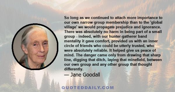 So long as we continued to attach more importance to our own narrow group membership than to the 'global village' we would propagate prejudice and ignorance. There was absolutely no harm in being part of a small group - 