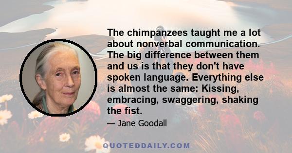 The chimpanzees taught me a lot about nonverbal communication. The big difference between them and us is that they don't have spoken language. Everything else is almost the same: Kissing, embracing, swaggering, shaking