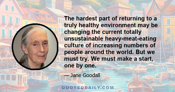 The hardest part of returning to a truly healthy environment may be changing the current totally unsustainable heavy-meat-eating culture of increasing numbers of people around the world. But we must try. We must make a