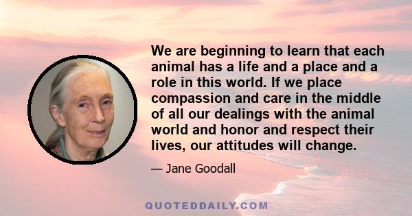 We are beginning to learn that each animal has a life and a place and a role in this world. If we place compassion and care in the middle of all our dealings with the animal world and honor and respect their lives, our