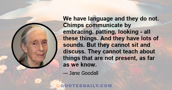 We have language and they do not. Chimps communicate by embracing, patting, looking - all these things. And they have lots of sounds. But they cannot sit and discuss. They cannot teach about things that are not present, 