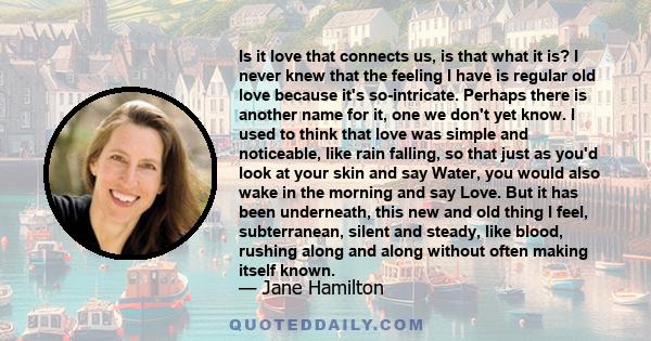 Is it love that connects us, is that what it is? I never knew that the feeling I have is regular old love because it's so-intricate. Perhaps there is another name for it, one we don't yet know. I used to think that love 