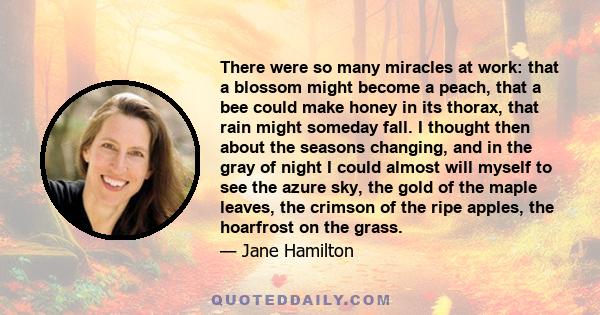 There were so many miracles at work: that a blossom might become a peach, that a bee could make honey in its thorax, that rain might someday fall. I thought then about the seasons changing, and in the gray of night I