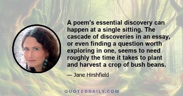 A poem's essential discovery can happen at a single sitting. The cascade of discoveries in an essay, or even finding a question worth exploring in one, seems to need roughly the time it takes to plant and harvest a crop 