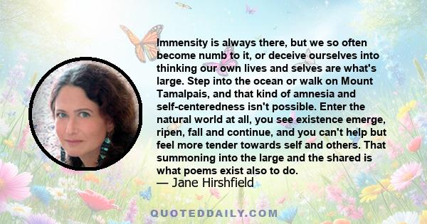 Immensity is always there, but we so often become numb to it, or deceive ourselves into thinking our own lives and selves are what's large. Step into the ocean or walk on Mount Tamalpais, and that kind of amnesia and