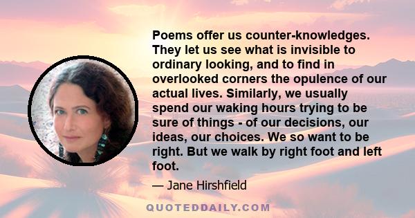 Poems offer us counter-knowledges. They let us see what is invisible to ordinary looking, and to find in overlooked corners the opulence of our actual lives. Similarly, we usually spend our waking hours trying to be