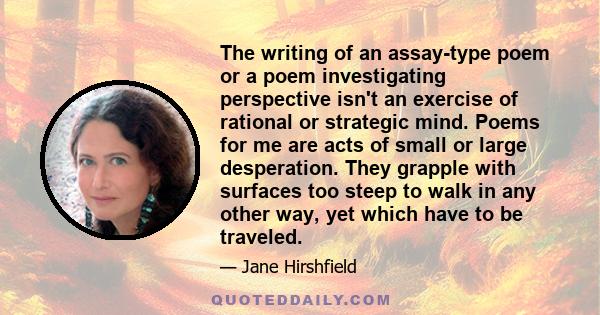 The writing of an assay-type poem or a poem investigating perspective isn't an exercise of rational or strategic mind. Poems for me are acts of small or large desperation. They grapple with surfaces too steep to walk in 