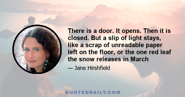 There is a door. It opens. Then it is closed. But a slip of light stays, like a scrap of unreadable paper left on the floor, or the one red leaf the snow releases in March