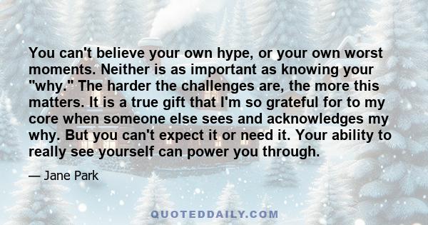 You can't believe your own hype, or your own worst moments. Neither is as important as knowing your why. The harder the challenges are, the more this matters. It is a true gift that I'm so grateful for to my core when