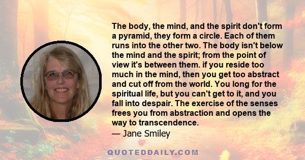 The body, the mind, and the spirit don't form a pyramid, they form a circle. Each of them runs into the other two. The body isn't below the mind and the spirit; from the point of view it's between them. if you reside