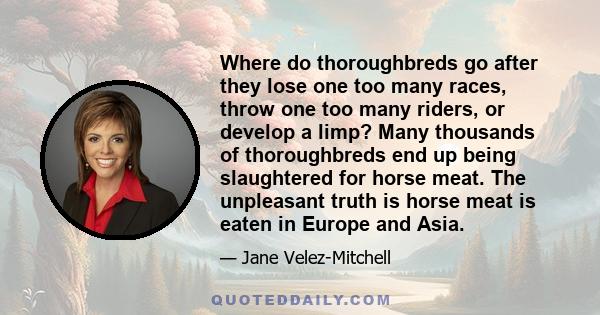 Where do thoroughbreds go after they lose one too many races, throw one too many riders, or develop a limp? Many thousands of thoroughbreds end up being slaughtered for horse meat. The unpleasant truth is horse meat is