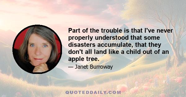 Part of the trouble is that I've never properly understood that some disasters accumulate, that they don't all land like a child out of an apple tree.