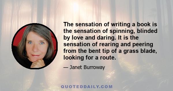 The sensation of writing a book is the sensation of spinning, blinded by love and daring. It is the sensation of rearing and peering from the bent tip of a grass blade, looking for a route.