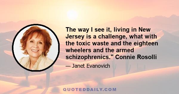 The way I see it, living in New Jersey is a challenge, what with the toxic waste and the eighteen wheelers and the armed schizophrenics. Connie Rosolli