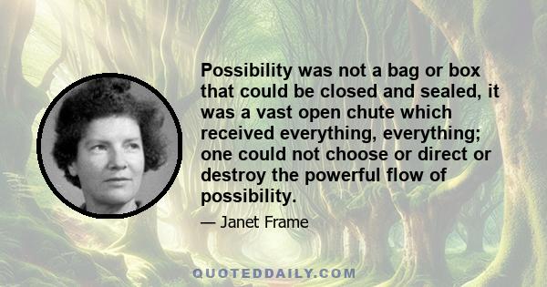 Possibility was not a bag or box that could be closed and sealed, it was a vast open chute which received everything, everything; one could not choose or direct or destroy the powerful flow of possibility.