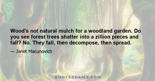 Wood's not natural mulch for a woodland garden. Do you see forest trees shatter into a zillion pieces and fall? No. They fall, then decompose, then spread.