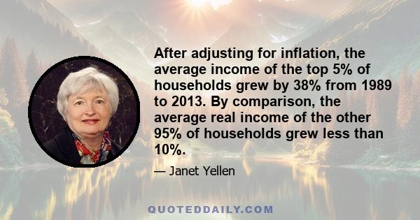 After adjusting for inflation, the average income of the top 5% of households grew by 38% from 1989 to 2013. By comparison, the average real income of the other 95% of households grew less than 10%.