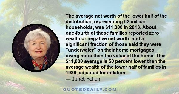 The average net worth of the lower half of the distribution, representing 62 million households, was $11,000 in 2013. About one-fourth of these families reported zero wealth or negative net worth, and a significant