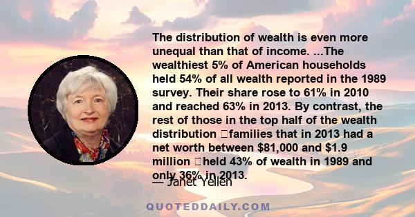 The distribution of wealth is even more unequal than that of income. ...The wealthiest 5% of American households held 54% of all wealth reported in the 1989 survey. Their share rose to 61% in 2010 and reached 63% in