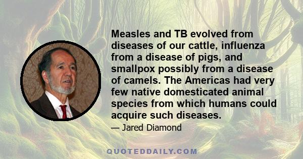 Measles and TB evolved from diseases of our cattle, influenza from a disease of pigs, and smallpox possibly from a disease of camels. The Americas had very few native domesticated animal species from which humans could