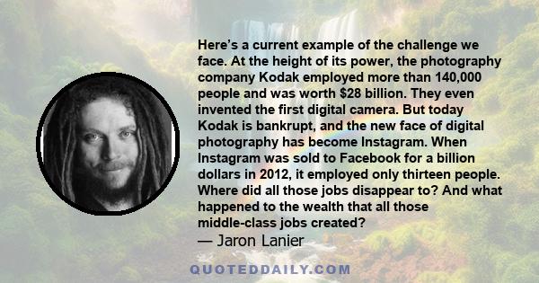 Here’s a current example of the challenge we face. At the height of its power, the photography company Kodak employed more than 140,000 people and was worth $28 billion. They even invented the first digital camera. But