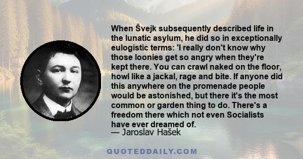 When Švejk subsequently described life in the lunatic asylum, he did so in exceptionally eulogistic terms: 'I really don't know why those loonies get so angry when they're kept there. You can crawl naked on the floor,