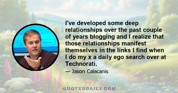 I've developed some deep relationships over the past couple of years blogging and I realize that those relationships manifest themselves in the links I find when I do my x a daily ego search over at Technorati.