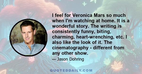 I feel for Veronica Mars so much when I'm watching at home. It is a wonderful story. The writing is consistently funny, biting, charming, heart-wrenching, etc. I also like the look of it. The cinematography - different