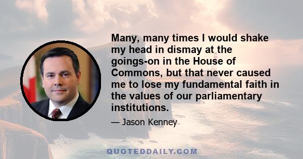 Many, many times I would shake my head in dismay at the goings-on in the House of Commons, but that never caused me to lose my fundamental faith in the values of our parliamentary institutions.