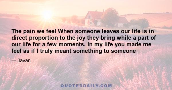 The pain we feel When someone leaves our life is in direct proportion to the joy they bring while a part of our life for a few moments. In my life you made me feel as if I truly meant something to someone