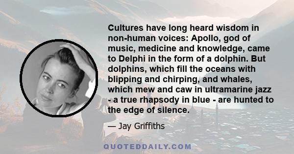 Cultures have long heard wisdom in non-human voices: Apollo, god of music, medicine and knowledge, came to Delphi in the form of a dolphin. But dolphins, which fill the oceans with blipping and chirping, and whales,