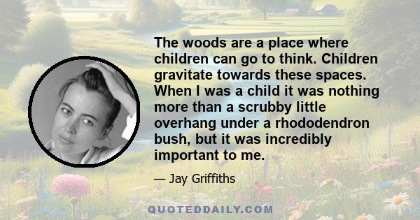 The woods are a place where children can go to think. Children gravitate towards these spaces. When I was a child it was nothing more than a scrubby little overhang under a rhododendron bush, but it was incredibly