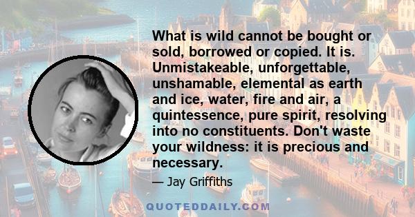 What is wild cannot be bought or sold, borrowed or copied. It is. Unmistakeable, unforgettable, unshamable, elemental as earth and ice, water, fire and air, a quintessence, pure spirit, resolving into no constituents.