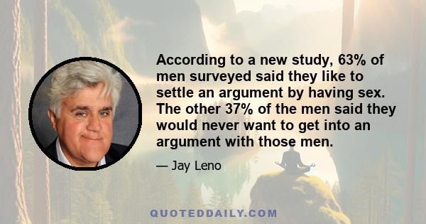 According to a new study, 63% of men surveyed said they like to settle an argument by having sex. The other 37% of the men said they would never want to get into an argument with those men.