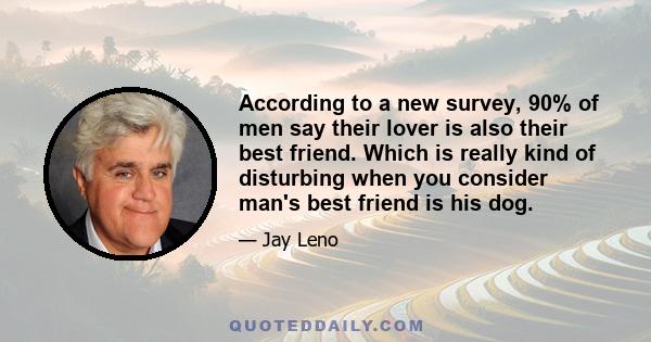 According to a new survey, 90% of men say their lover is also their best friend. Which is really kind of disturbing when you consider man's best friend is his dog.