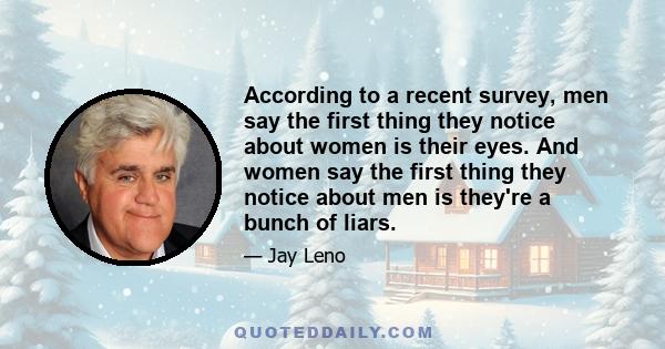 According to a recent survey, men say the first thing they notice about women is their eyes. And women say the first thing they notice about men is they're a bunch of liars.