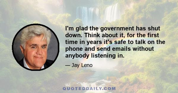 I'm glad the government has shut down. Think about it, for the first time in years it's safe to talk on the phone and send emails without anybody listening in.